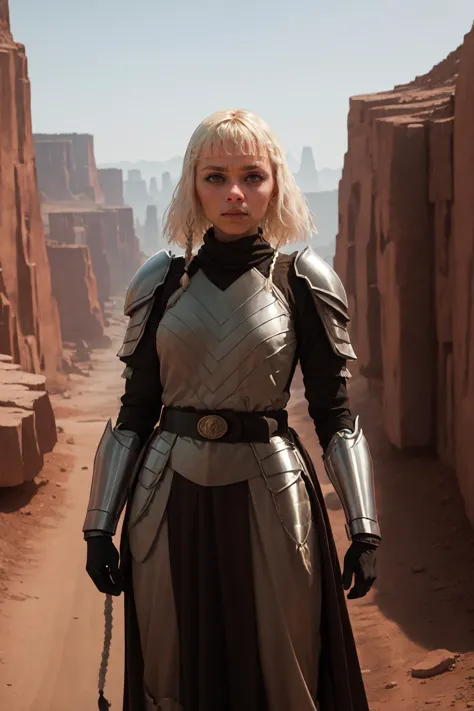 a woman in armor standing in a desert area