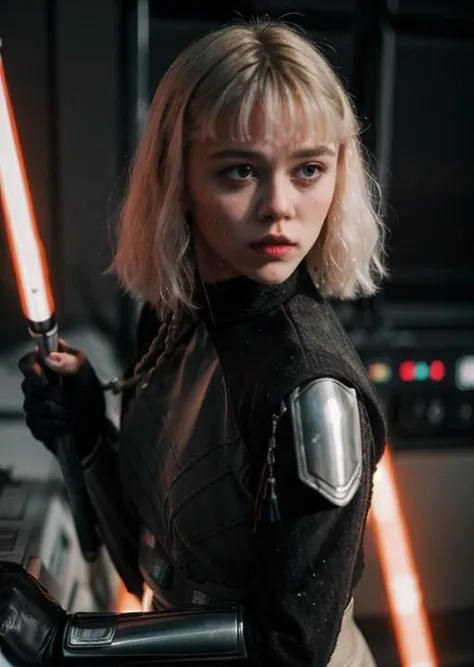 a woman in a black outfit holding a light saber