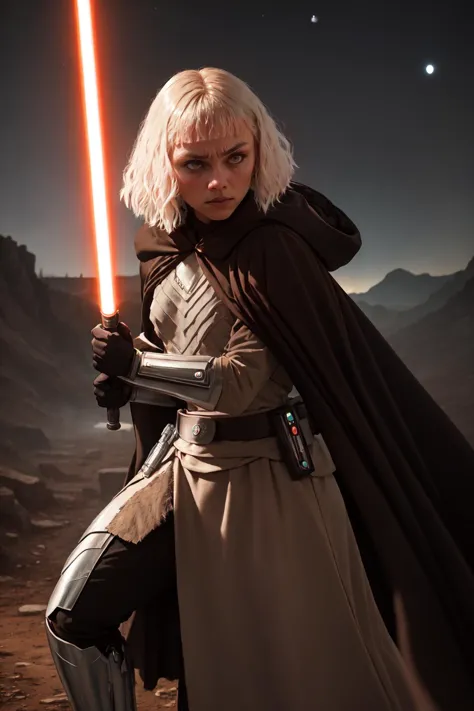 a woman in a star wars outfit holding a lightsabed sword