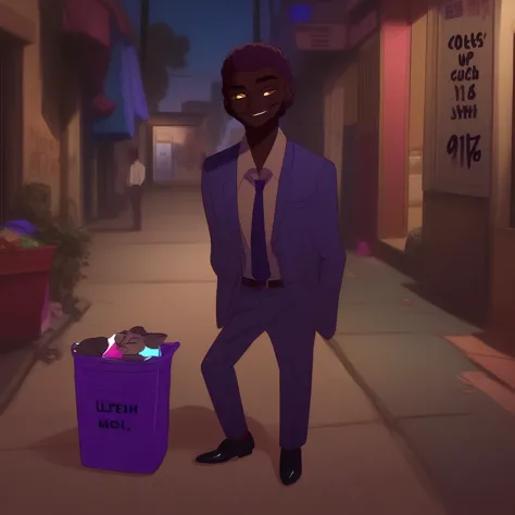 cartoon man in suit and tie standing next to a trash can