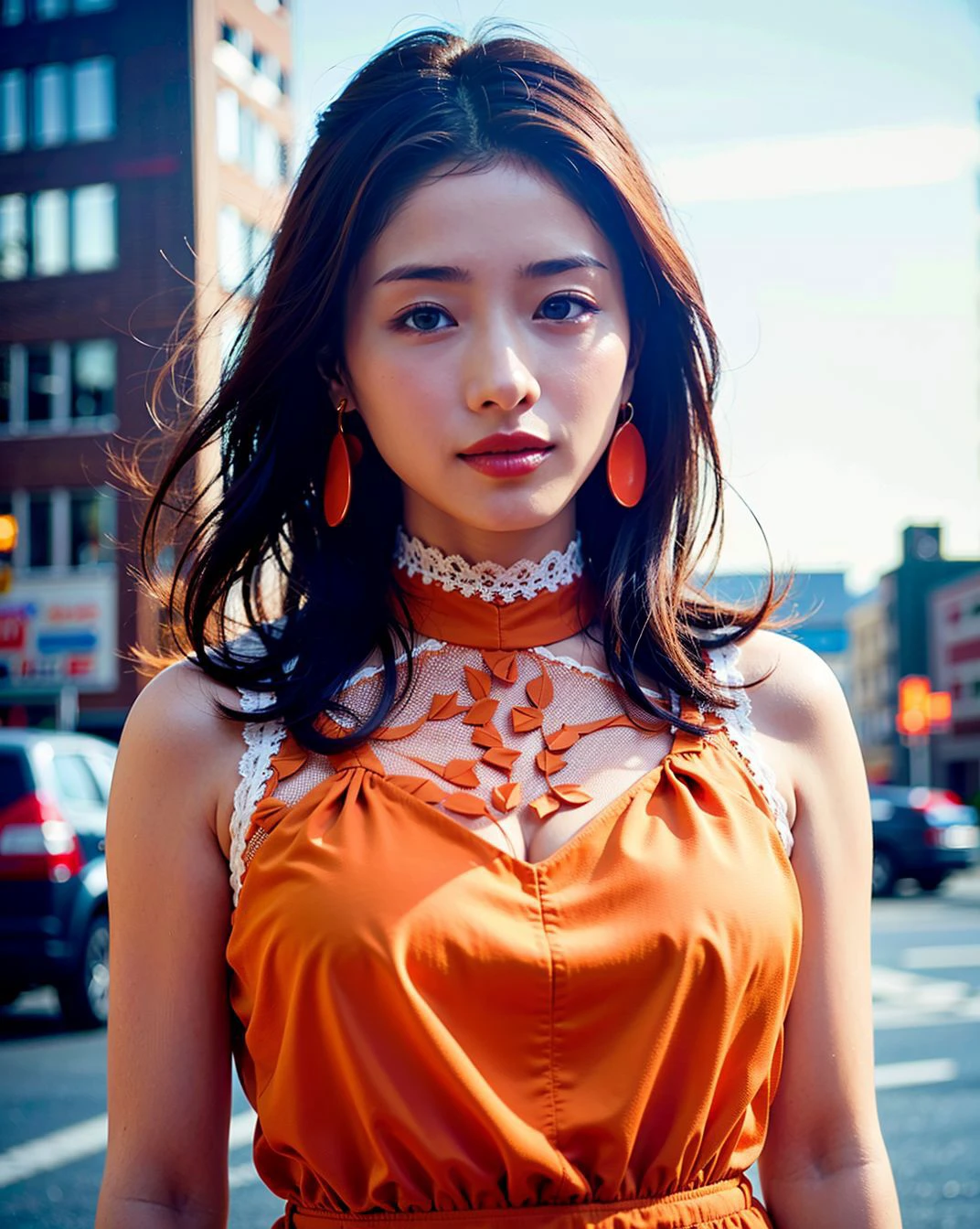 a woman posing on the street corner with light orange dress on, best quality, high res, 8k, 1girl, (huge breasts), day, bright, outdoor, (street:0.8), (people, crowds:1), (lace-trimmed dress:1.5, light orange clothes:1.5, orange high-neck dress:1.5, sleeveless dress, orange dress: 1.5), gorgeous, (medium hair), beautiful detailed sky, beautiful earrings, (dynamic pose:0.8), (upper body:1.2), soft lighting, wind, shiny skin, looking at viewer, 