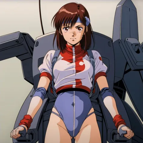 masterpiece,best quality,solo,
<lora:norikotakaya001:0.7>,
norikotakaya,1girl,
medium hair,brown hair,brown eyes,
headband,
short sleeves,leotard under clothes,
wristband,
cockpit,machine,restraint,cable,mecha musume,elbow pads,