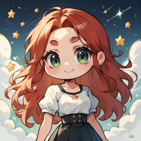 anime girl with red hair and green eyes standing in the sky