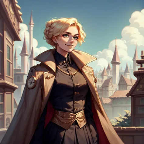 a woman in a coat and a cape standing in front of a castle