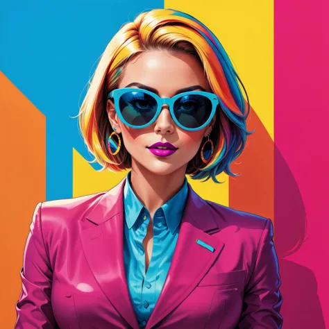 a close up of a woman with colorful hair wearing sunglasses