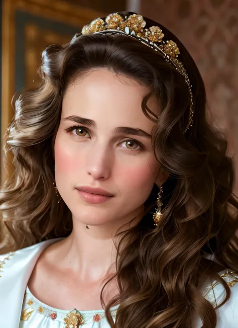 a close up of a woman wearing a tiara and a white dress