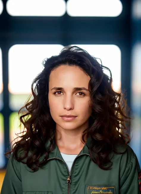 a close up of a woman in a green jacket looking at the camera