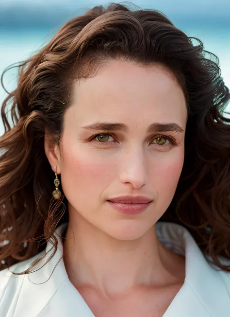 a close up of a woman with long hair and a white shirt