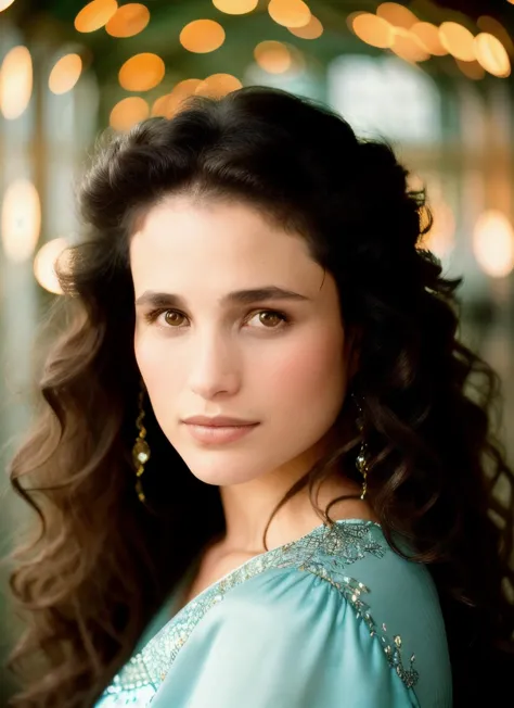 a close up of a woman with long hair wearing a blue dress