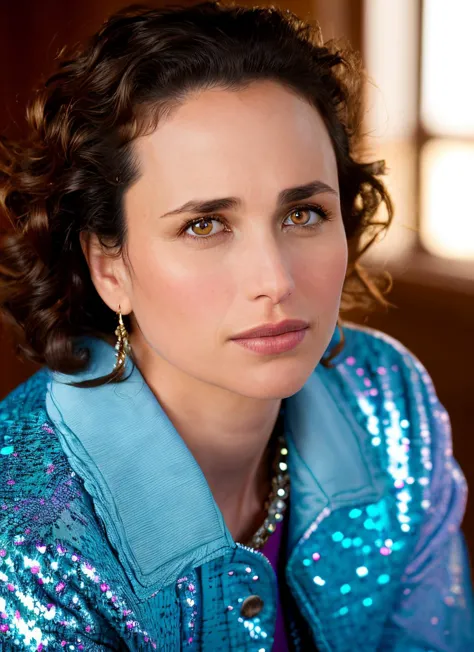 arafed woman with a blue jacket and a necklace and earrings