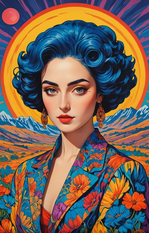 a painting of a woman with blue hair and bright blue hair