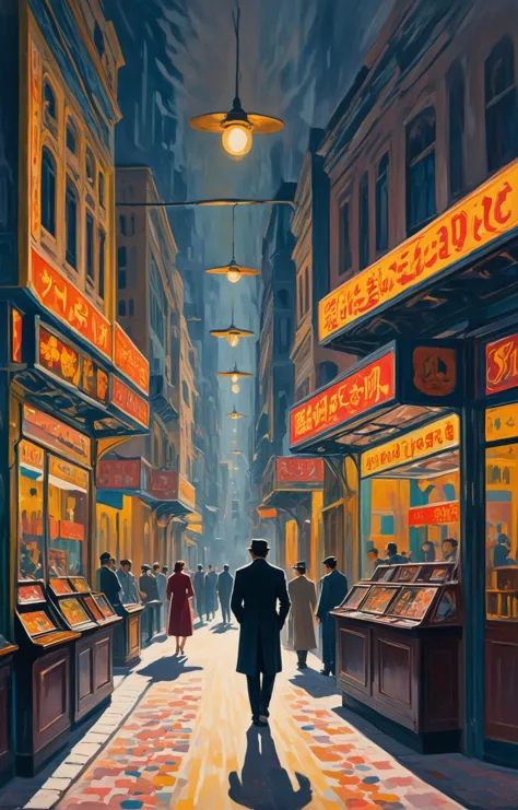 painting of a man walking down a street in a city