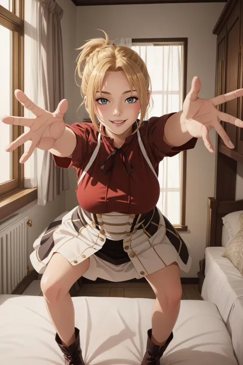 anime girl in a red shirt and white skirt posing on a bed