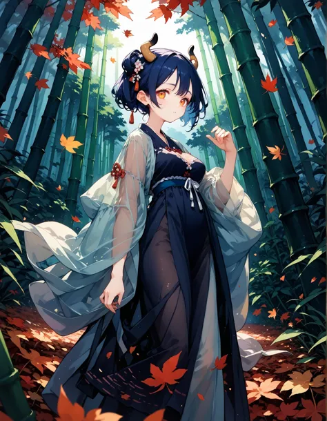 score_9,score_8_up,score_7_up,score_6_up, ,, ruanyi0428,wide sleeves,hanfu,see-through,dress,robe,bamboo forest, falling leaves,...