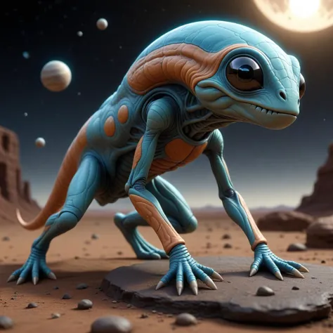 a close up of a blue alien with orange spots on its legs