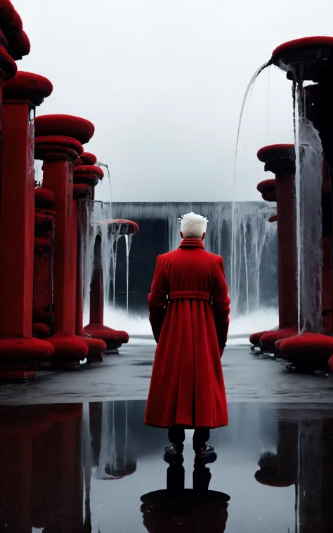 a man in a red coat 立っている in front of a fountain , 一人で, 1人の男の子, 立っている, 白髪, 男性中心, 背後から, 景色