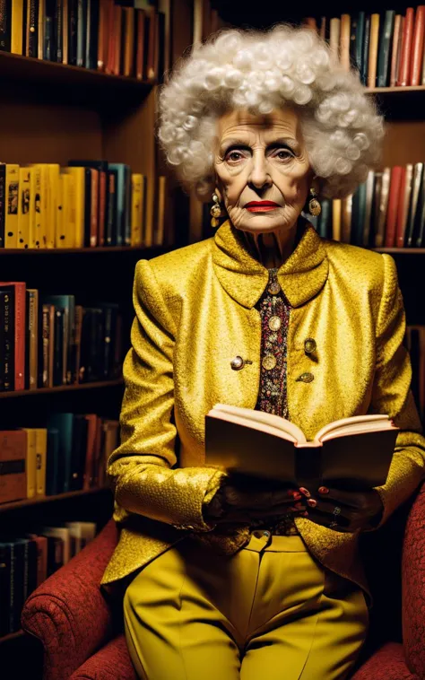 a woman in a yellow jacket and red pants , 1girl, solo, looking at viewer, brown eyes, jewelry, upper body, white hair, earrings, book, makeup, lipstick, curly hair, old, book stack, old woman