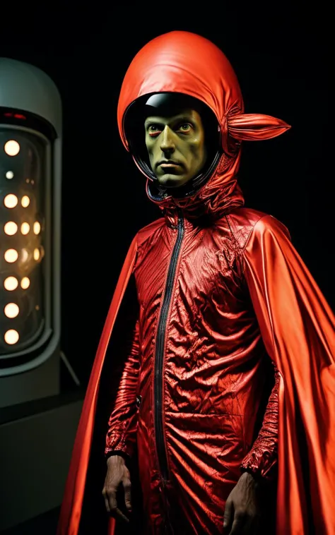 a man in a costume standing in front of a giant object , solo, looking at viewer, red eyes, 1boy, male focus, cape, colored scle...