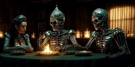 three people in costumes sit around a table with candles