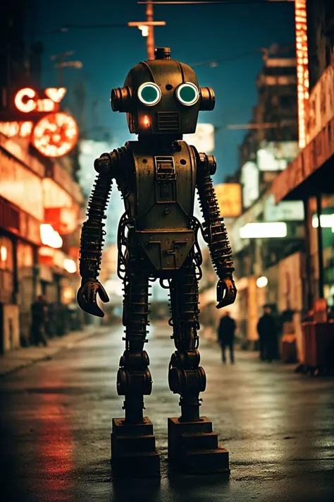 B級映画 rusty robot, 工場の詳細な背景, アナログ写真, ビンテージ パルプ ファンタジー フィルム スチール, B級映画,くだらない,ボケ,不機嫌な