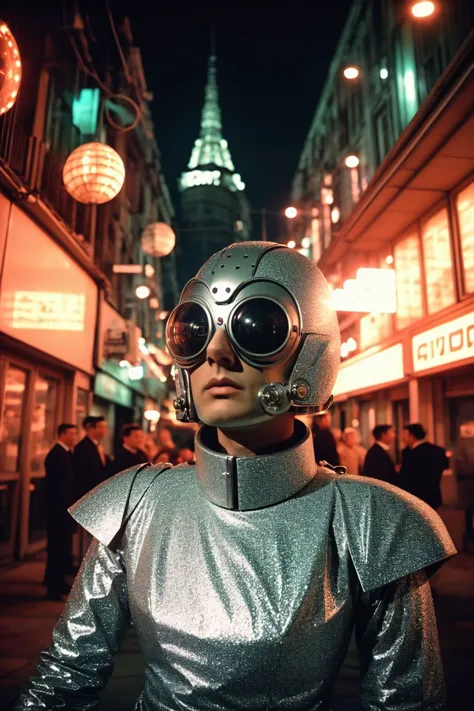 kitschiges analoges Standbild aus einem sowjetischen Science-Fiction-Film der 1960er Jahre,  gepanzerter Cyborg-General, mechanische Teile, gerunzelte Stirn, intensiver Blick, Ernster Ausdruck, mutige Haltung, (sfw:1.2), verkörpert das Hangar-Interieur, Cyborg-Armee im Hintergrund, blinkenlights, Weltraum-Glamour-Chic, kitsch,filmisch,verrückt,glitter,Retro, scharfer Fokus, Weitwinkelobjektiv, szenisch