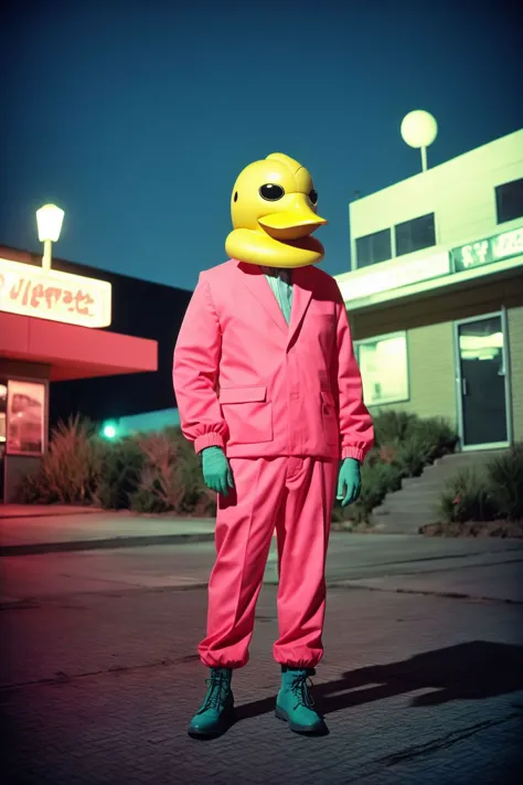 arafed man in a pink suit and a yellow duck mask