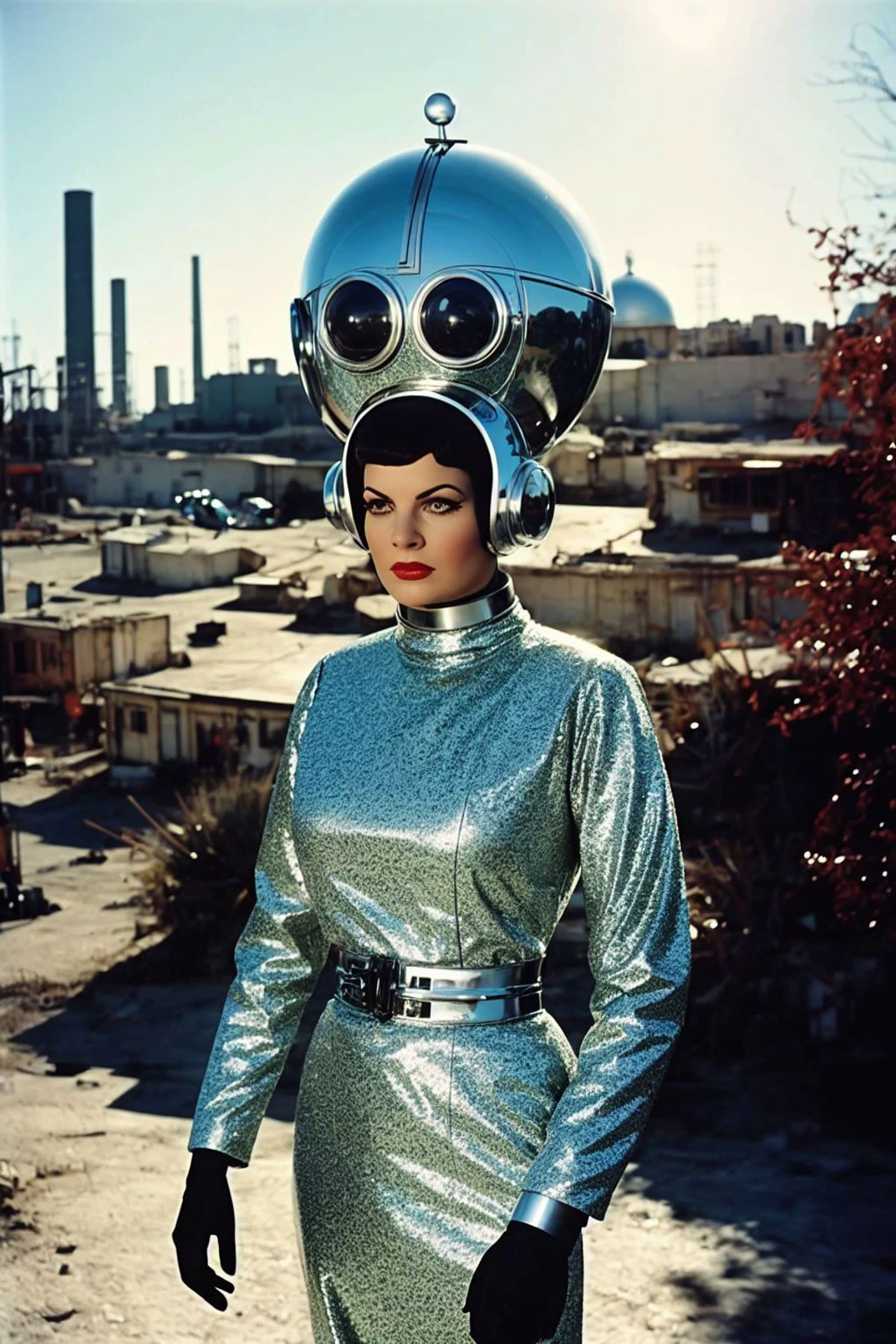 film analogique campy tiré d&#39;un film de science-fiction soviétique des années 1960,  Android mécanique féminin grec comme cyborg avec tête positronique, harnais d&#39;horlogerie, (SFW:1.2), intérieur éclectique du biodôme, ruines extraterrestres en arrière-plan, sur la pointe des pieds, regard intense, pose de mode, espace glam chic, Kitsch,cinématique,Farfelu,paillettes,rétro, netteté, lentille Grand angle, scénique