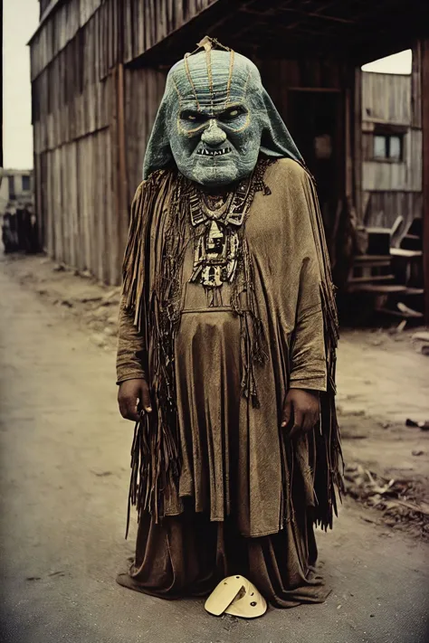 indigenous grotesque paladin, 1930s analog photo, great depression, usa, film grain, b&w, colorized, dread, downtrodden,fear,gri...