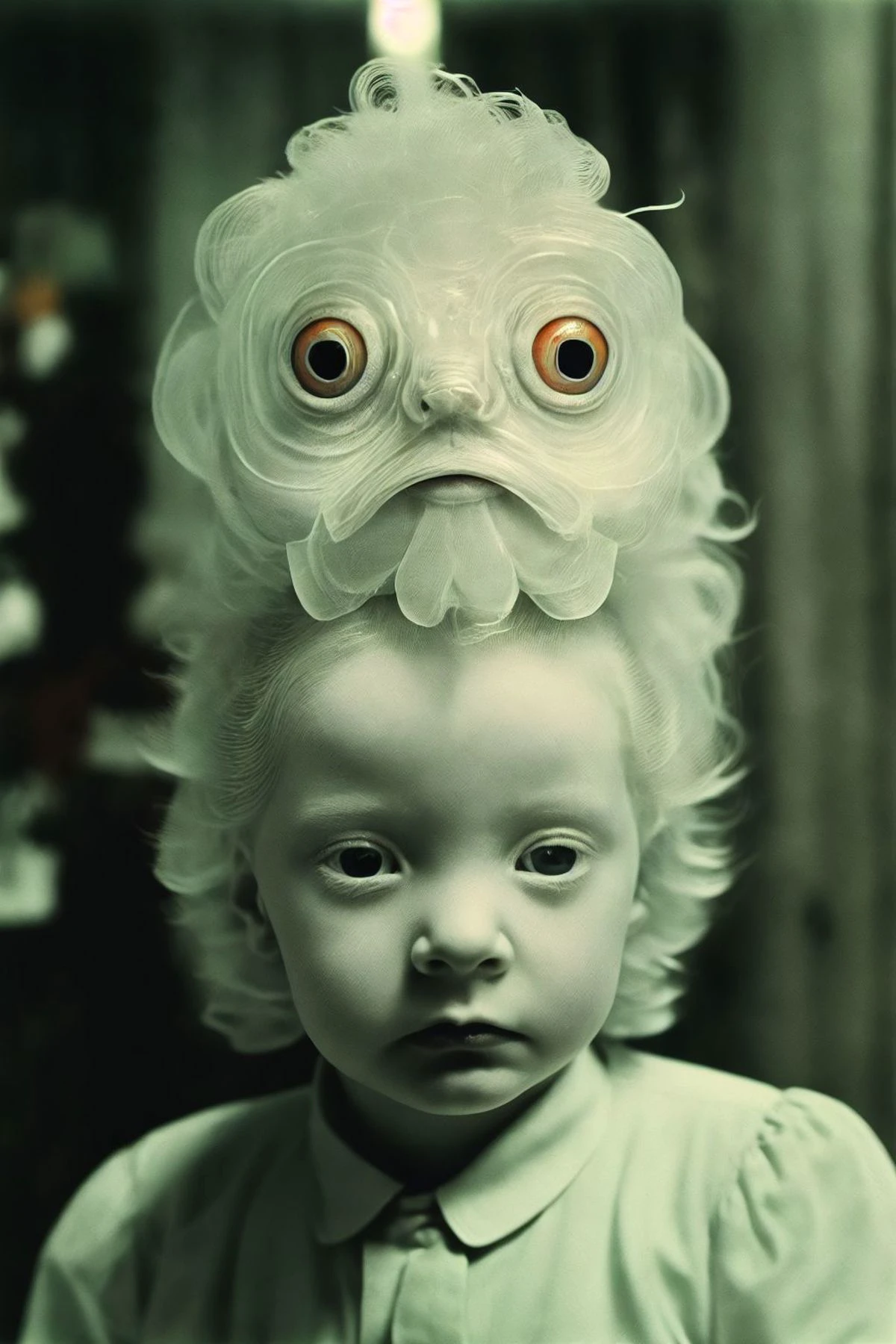 alBino disguised as a naked goldfish, Foto analógica dos anos 1930, Grande depressão, usa, Grão de filme, B&EM, colorido, temor, Ansiedade,Angústia