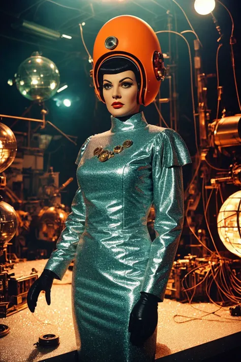 campy analog film still from a 1960s soviet sci-fi movie,  greek female clockwork android as a cyborg with positronic head, cloc...