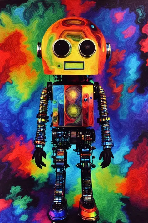 painting of a robot with a colorful background