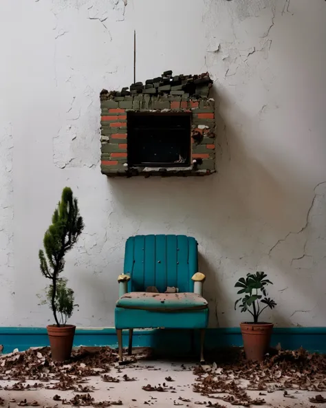 벽돌 벽 앞에 앉아 있는 파란 의자와 그 뒤에서 식물이 자라고 있다, 클레어 험멜, 너무 크게 자란, 정물, 신생물성증 ,  버려진_스타일 , 