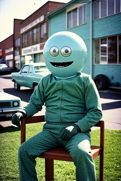 1980s analog photo of a retro scene, android as a monster, no humans,  outdoor, cheap gardengreenhouse, town in the background, sitting on a chair, wide smile, teeth, analog photo, film grain, kodachrome, vintage aged and damaged photo, sharp focus, bokeh,shallow depth of field,soft focus, wide angle lens, scenic