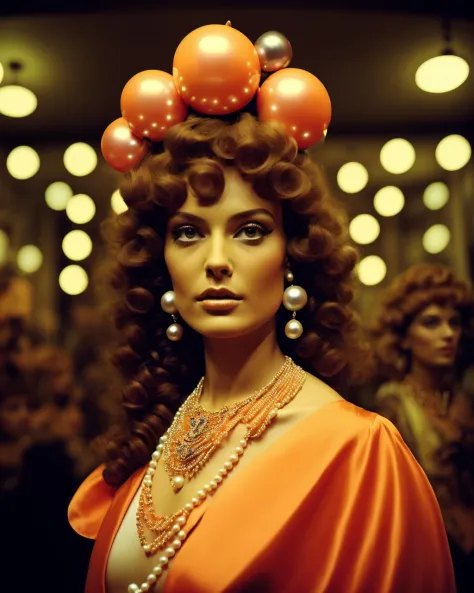 a woman with a orange on her head , 1girl, solo, looking at viewer, brown hair, jewelry, upper body, necklace, makeup, curly hai...