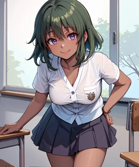 (masterpiece, best quality:1.2) 1girl, cp2, natalia, green hair, white shirt, pleated skirt, kneehighs, smile, short hair, arm s...