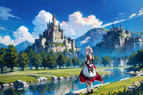 <lora:Noelle-v7.1:0.8>1girl, armored dress, maid headdress, scenary, mountain, sky, cloud, river, tree, castle, <lora:anime-eras...