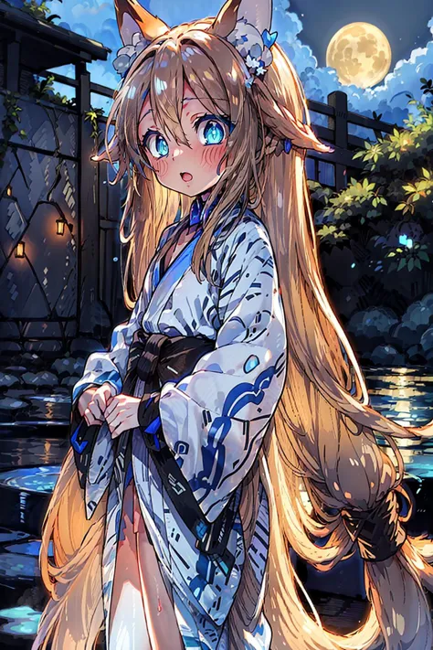 (masterpiece, best quality, extremely detailed cg),(adult game cg),highly detailed background,solo,(1 girl),
moon light,(8k portrait),close-up animal ear,(looking_at_viewer:1.6),(outdoor),(night onsen:1.5),
(beautiful girl),(cute girl),(embarrassed face:1.4),(nose blush:1),(open mouth:1.3),(small bust:1.5),(toddler body:1),(skinny legs:1.2),(skinny ass:1),
girl in onsen side,(standing:1.4),(spread legs:1),
fox girl:1.5,animal ear,fox,black fox ear:1.4,<lora:Animal ears_20230624183850:0.6> ,
(blond hair:1),(very long hair:1.8),(pony tail:1.3),
<lora:YUKATA-v2:0.6>,print clothes,long clothes,(yukata),( open clothes:1.2),long yukata,long sleeve,ribbon on waist,
(wearing collar:1.5), <lora:RingBondageCollarV2:0.8>,
(glowing_cobalt_blue_eyes:1.5),slit pupils,up-turnd eyes:1.3, <lora:T2:1>,<lora:slitpupils:1>