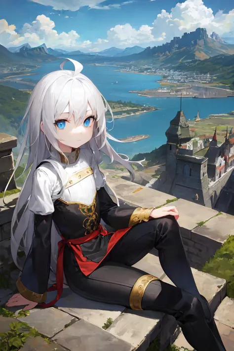 (masterpiece), (best quality), (illustration), ultra-detailed, 1girl, overlooking the brick city on the bay at the foot of the mountain, expressionless, blue eyes, white hair, absurdly long hair, ahoge, (pale skin:0.8), strong wind, adventure hunter, medieval fantasy, black clothes, blue trim, white trim, flat chest, sitting
