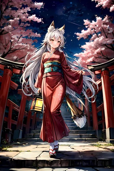 anime girl in kimono outfit walking down steps with lantern