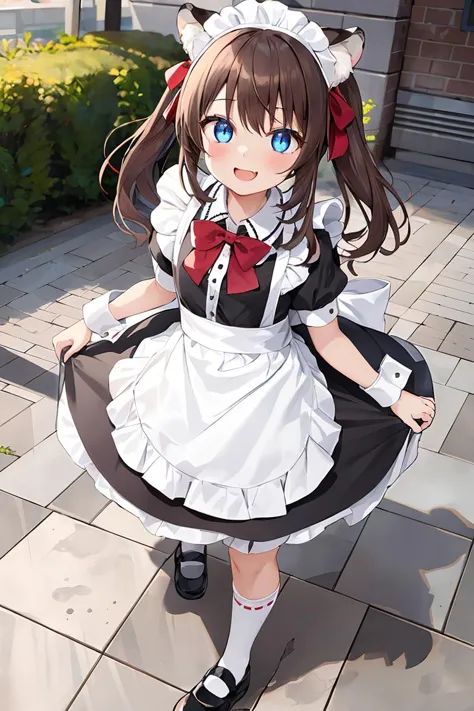 1girl, animal_ears, apron, black_dress, black_footwear, blue_eyes, blush, bow, bowtie, brown_hair, collarbone, looking_at_viewer...