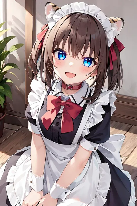 1girl, animal_ears, apron, black_dress, black_footwear, blue_eyes, blush, bow, bowtie, brown_hair, collarbone, looking_at_viewer...