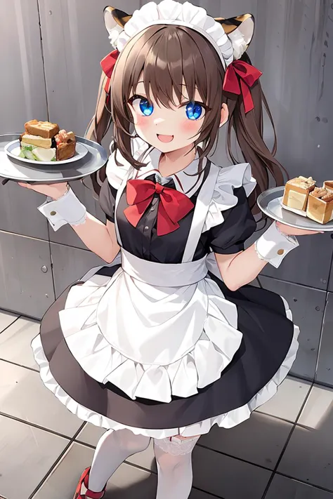 1girl, animal_ears, apron, black_dress, black_footwear, blue_eyes, blush, bow, bowtie, brown_hair, collarbone, looking_at_viewer...