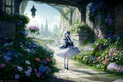 anime girl in a white dress walking through a garden