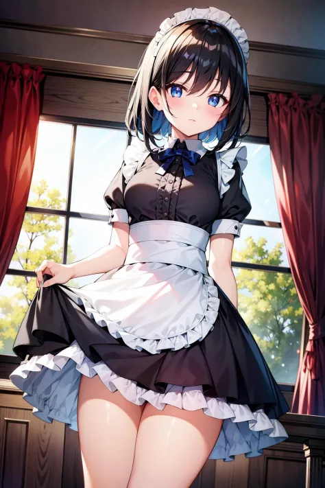 (masterpiece, best quality,perfect lighting),black hair,blue eyes,cute,maid,mini skirt,thighs,