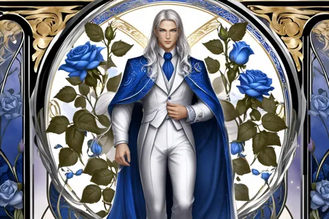 male, platinum long hair, grey eyes, full body, blue roses background <lora:Argen XL.TA_trained:0.7> argen <lora:Art_Nouveau_Pony:0.7> art nouveau