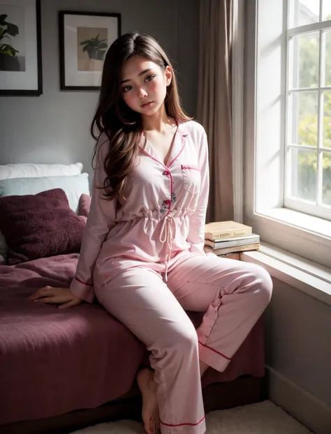 arafed woman sitting on a bed in a pink pajamas