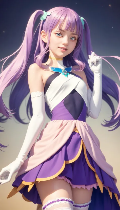 masterpiece, best quality, looking at viewer, depth of field, standing, 1girl, <lora:locon_cure_majesty_01:0.9>, cure majesty, purple hair, two side up, hair ornament, elbow gloves, frilled thighhighs, smile, ((gradient background)), lens flare,