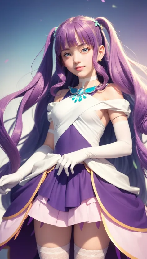 a woman with long purple hair wearing a purple dress and white gloves