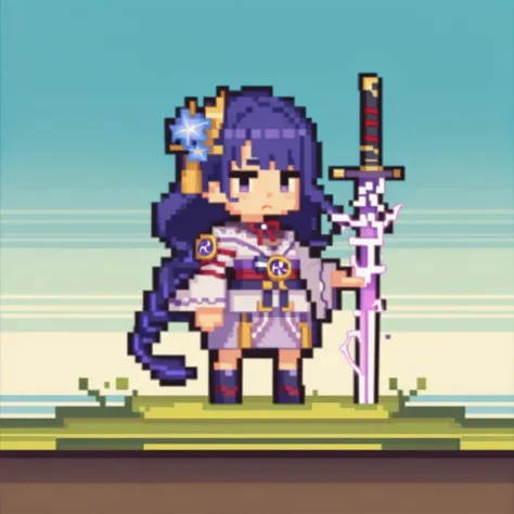 a close up of a pixel art style image of a woman holding a sword