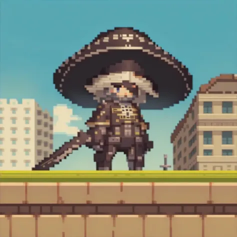 a pixel pixel art of a man in a sombre hat and a sword